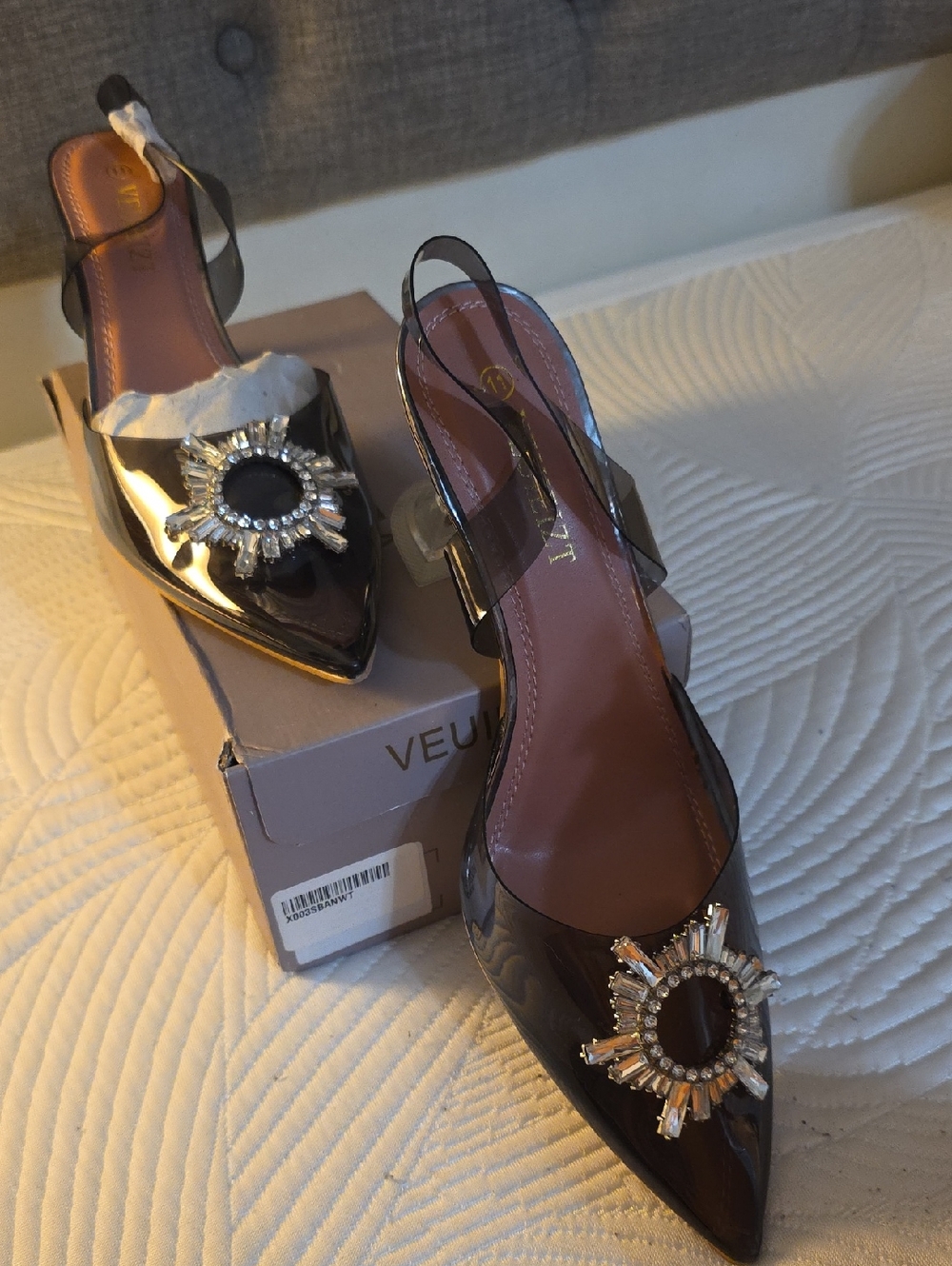 Veja Black Patent Pointed Slingback Heels with Crystal Sunburst